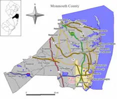 Map of Wall Township in Monmouth County. Inset: Location of Monmouth County highlighted in the State of New Jersey.

Interactive map of Wall Township, New Jersey