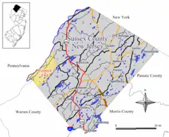 Map of Walpack Township in Sussex County. Inset: Location of Sussex County highlighted in the State of New Jersey.