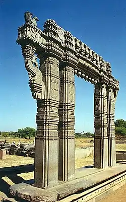Kakatiya Kala Thoranam (Warangal Gate) built by the Kakatiya dynasty in ruins; one of the many temple complexes destroyed by the Delhi Sultanate.