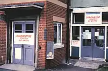 Quarantine notices at the East Birmingham Hospital where the first case was initially treated