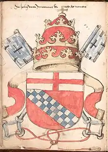 Papal coat of arms for Pope Innocent VIII with the Keys of Peter saltirewise (Wernigerode Armorial, c. 1490)