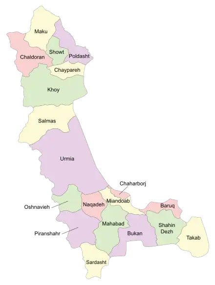 Location of Khoy County in&nbsp;West&nbsp;Azerbaijan&nbsp;province (top center, green)