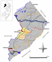 Map of White Township in Warren County. Inset: Location of Warren County highlighted in the State of New Jersey.