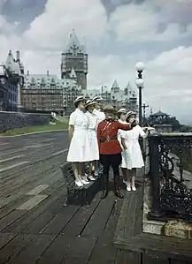Women's Royal Naval Service officers being shown the sights of Quebec from Terrasse Dufferin by a member of the Royal Canadian Mounted Police after the first Quebec Conference