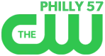 The CW network logo in green with "Philly 57" in green, right-aligned.