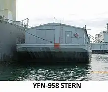 YFN-958 a covered lighter barge, non-Self-propelled. Built by Mare Island Navy Shipyard in 1944.