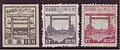 Japanese 17 sen (1943), 27 sen (1945) and 1 yen (1946) stamps which depict the Yasukuni Shrine's Torii and honden