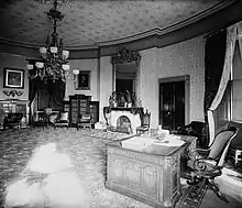 The Yellow Oval Room as President Grover Cleveland's private office, 1886. Note the Resolute desk before the 3 windows.