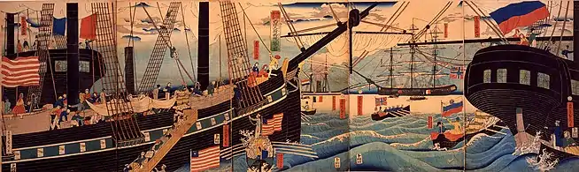 Foreign ships in Yokohama harbor.
