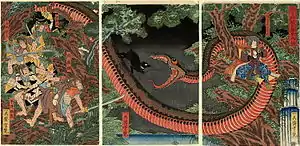 Battle between Minamoto no Yorimitsu with his men and the robber chief Hakamadare no Mochisuke who is aided by a giant serpent. Triptych.