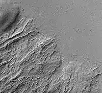 Image shows both young and old lava flows from the base of Olympus Mons.  The flat plain is the younger flow.  The older flow has channels with levees along their edges.  The presence of levees is quite common in many lava flows.
