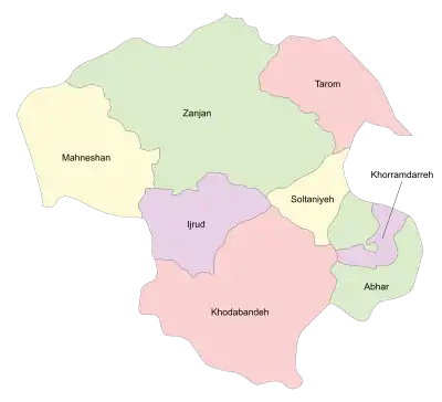 Location of Abhar County in&nbsp;Zanjan&nbsp;province (right, green)