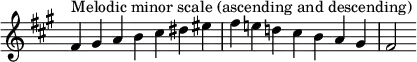  {
\override Score.TimeSignature #'stencil = ##f
\relative c' {
  \clef treble \key fis \minor \time 7/4
  fis4^\markup "Melodic minor scale (ascending and descending)" gis a b cis dis eis fis e! d! cis b a gis fis2
} }

