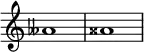  {

\override Score.TimeSignature
#'stencil = ##f
    \relative c'' {
        \time 4/4
        aeses1 aisis
    }  }
