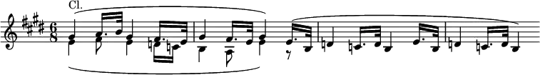 
  \new Staff <<
    \new Voice \relative c'' {
      \set Score.tempoHideNote = ##t \tempo 8 = 60
      \key e \major
      \time 6/8
      \clef treble
      \set Staff.midiInstrument = "clarinet"
      \bar ""
      \stemUp

      gis4^(^\markup "Cl." a16. b32 gis4 fis16. e32
      gis4 fis16. e32 gis4) e16.^( b32
      d4 c16. d32 b4 e16. b32
      d4 c16. d32 b4)
    }
  \new Voice \relative c' {
      \tempo "Andante moderato"
      \set Score.tempoHideNote = ##t \tempo 8 = 60
      \key e \major
      \time 6/8
      \clef treble
      \set Staff.midiInstrument = "clarinet"
      \bar ""
      \stemDown

      e4_( fis8 e4 d16 c
      b4 a8 e'4) r8
    }

  >>
