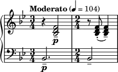  { \new PianoStaff << \new Staff \relative c' { \clef treble \key bes \major \time 3/4 \tempo "Moderato" 4 = 104 r4 <f d bes>2\p-- | \time 2/4 r8 <f d bes>8-.( <f d bes>4)-- } \new Staff \relative c { \clef bass \key bes \major \time 3/4 bes2.\p-- | \time 2/4 bes2-- } >> } 