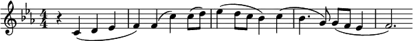  \relative c' { \clef treble \numericTimeSignature \time 4/4 \key c \minor r4 c( d ees | f) f( c') c8( d) | ees4( d8 c bes4) c( | bes4. g8) g( f ees4 | f2.) } 