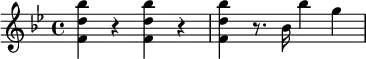 \relative c''' {
\key bes \major
<bes d, f,>4 r <bes d, f,> r | <bes d, f,> r8. bes,16 bes'4 g
}