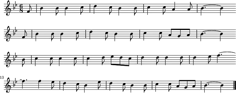 \new Staff <<
\clef treble \key bes \major {
\time 6/8 \partial 8
\relative f' { \set Staff.midiInstrument = #"flute"
f8 | bes4 bes8 bes4 c8 | d4 c8 bes4 bes8 | c4 c8 a4 a8 | bes4.~ bes4 \bar"" \break
f8 | bes4 bes8 bes4 c8 | d4 c8 bes4 bes8 | c4 c8 a g a | bes4.~ bes4 \bar"" \break
bes8 | c4 c8 c4 c8 | c4 d8 es d c | d4 d8 d4 d8 | d4 es8 f4.~ \bar"" \break
f4. f4 es8 | d4 c8 bes4 es8 | d4 c8 bes4 bes8 | c4 c8 a g a | bes4.~ bes4 \bar"|."
}
}
%\new Lyrics \lyricmode {
%}
>>
\layout { indent = #0 }
\midi { \tempo 4. = 80 }