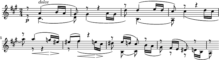 
{
#(set-global-staff-size 19)
\relative a' {
 \key a \major \time 2/4
 \set Score.tempoHideNote = ##t \tempo 4 = 60
 \set Staff.midiInstrument = "violin"
 <<
 {r8\p a4^\markup { \italic dolce }(b16 a | gis8) r8 r4 | r8 d'4(e16 d | 
 cis8) r8 r4 \break 
 \overrideProperty Score.NonMusicalPaperColumn.line-break-system-details #'((Y-offset . 17))
 r8 a'4(\< g16\> eis)\! | eis8(fis) r4 | r8 e16(d cis8) r | r fis,16(e dis8) r | r8 }
 \\
 {r8 cis4.(| d8) gis4(a16 gis | d'8) b,4.(| a8) cis'4(d16 cis | a'8) r r4 | r8 fis4(\< e16\> cis\! | dis8)\noBeam b,(cis)\noBeam b'16(a | gis8) r r d16(b | a8) }
 >>
}
}
