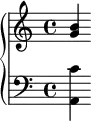 \new PianoStaff <<
  \new Staff \relative {  < g' b >}
  \new Staff \relative { \clef "bass" <a, c'>}
>>


