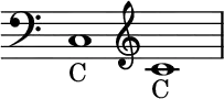{ \new Staff \with{ \magnifyStaff #3/2 } << \time 2/1 \override Score.TimeSignature #'stencil = ##f { \clef bass c1_C \clef treble c'_C } >> }