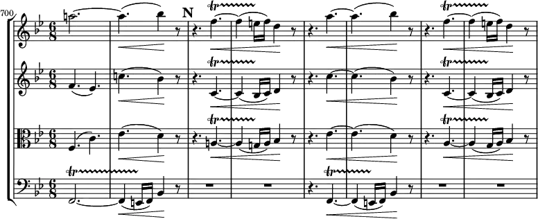 
    { 
#(set-global-staff-size 19)
<< \new StaffGroup <<
        \new Staff <<
            \set Score.currentBarNumber = #700
            \clef treble \key bes \major \time 6/8
            \bar ""
            \relative c''' {
                \clef treble \key bes \major \time 4/4
                a!2.~ a4.(\< bes4)\! r8
                \mark #13
                r4. f4.~\<\startTrillSpan f4( e16\stopTrillSpan f) d4\! r8 
                r4. a'~\< a( bes4)\! r8
                r4. f4.~\<\startTrillSpan f4( e16\stopTrillSpan f) d4\! r8 
                }
            >>
        \new Staff <<
            \clef treble \key bes \major \time 6/8
            \new Voice \relative c' {
                f4.( es) c'!\<( bes4\!) r8
                r4. c,~\<\startTrillSpan c4( bes16\stopTrillSpan c) d4\! r8
                r4. c'~\< c( bes4\!) r8
                r4. c,~\<\startTrillSpan c4( bes16\stopTrillSpan c) d4\! r8
                }
            >>
        \new Staff <<
            \clef alto \key bes \major \time 6/8
            \new Voice \relative c {
                f4.( c') es(\< d4)\! r8
                r4. a!~\<\startTrillSpan a4( g!16\stopTrillSpan a) bes4\! r8
                r4. es~\< es( d4)\! r8
                r4. a~\<\startTrillSpan a4( g16\stopTrillSpan a) bes4\! r8
                }
            >>
        \new Staff <<
            \clef bass \key bes \major \time 6/8
            \new Voice \relative c, {
                f2.~\startTrillSpan f4(\< e16\stopTrillSpan f) bes4\! r8 
                R2. R
                r4. f~\<\startTrillSpan f4( e16\stopTrillSpan f) bes4\! r8 
                R2. R
                }
         >>
    >>
>> }
