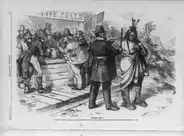 1871 Nast cartoon: "Move on! Has the Native American no rights that the naturalized American is bound to respect?" (while naturalized foreigners had the vote, Native Americans had no vote, as they were not considered United States citizens, which was not remedied until 1924.)