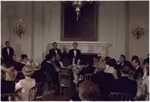 Jimmy Carter toasts Carlos Andres Perez, the President of Venezuela, during a state dinner