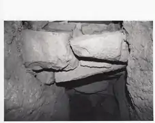 Inside the passage, looking up, seeing entrance stones and upper tunnel.