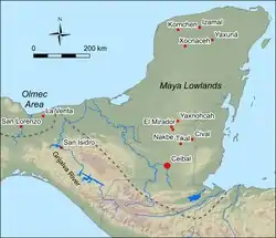 Map of the Mayan Region with the Mayan Lowlands demarcated and some Mayan sites and prominent rivers labelled, published 2019 by Inomata et al via PLOS ONE