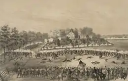 Lines of soldiers fire at each other, with houses in the background