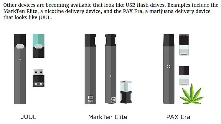 Graphic from the 2019 Centers for Disease Control and Prevention's report entitled E-cigarettes Shaped Like USB Flash Drives: Information for Parents, Educators and Health Care Providers