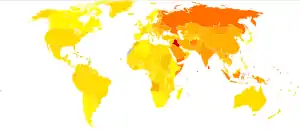 Disability-adjusted life year for falls per 100,000 inhabitants in 2004..mw-parser-output .refbegin{font-size:90%;margin-bottom:0.5em}.mw-parser-output .refbegin-hanging-indents>ul{margin-left:0}.mw-parser-output .refbegin-hanging-indents>ul>li{margin-left:0;padding-left:3.2em;text-indent:-3.2em}.mw-parser-output .refbegin-hanging-indents ul,.mw-parser-output .refbegin-hanging-indents ul li{list-style:none}@media(max-width:720px){.mw-parser-output .refbegin-hanging-indents>ul>li{padding-left:1.6em;text-indent:-1.6em}}.mw-parser-output .refbegin-columns{margin-top:0.3em}.mw-parser-output .refbegin-columns ul{margin-top:0}.mw-parser-output .refbegin-columns li{page-break-inside:avoid;break-inside:avoid-column}.mw-parser-output .legend{page-break-inside:avoid;break-inside:avoid-column}.mw-parser-output .legend-color{display:inline-block;min-width:1.25em;height:1.25em;line-height:1.25;margin:1px 0;text-align:center;border:1px solid black;background-color:transparent;color:black}.mw-parser-output .legend-text{}  no data.mw-parser-output .legend{page-break-inside:avoid;break-inside:avoid-column}.mw-parser-output .legend-color{display:inline-block;min-width:1.25em;height:1.25em;line-height:1.25;margin:1px 0;text-align:center;border:1px solid black;background-color:transparent;color:black}.mw-parser-output .legend-text{}  less than 40.mw-parser-output .legend{page-break-inside:avoid;break-inside:avoid-column}.mw-parser-output .legend-color{display:inline-block;min-width:1.25em;height:1.25em;line-height:1.25;margin:1px 0;text-align:center;border:1px solid black;background-color:transparent;color:black}.mw-parser-output .legend-text{}  40–110.mw-parser-output .legend{page-break-inside:avoid;break-inside:avoid-column}.mw-parser-output .legend-color{display:inline-block;min-width:1.25em;height:1.25em;line-height:1.25;margin:1px 0;text-align:center;border:1px solid black;background-color:transparent;color:black}.mw-parser-output .legend-text{}  110–180.mw-parser-output .legend{page-break-inside:avoid;break-inside:avoid-column}.mw-parser-output .legend-color{display:inline-block;min-width:1.25em;height:1.25em;line-height:1.25;margin:1px 0;text-align:center;border:1px solid black;background-color:transparent;color:black}.mw-parser-output .legend-text{}  180–250.mw-parser-output .legend{page-break-inside:avoid;break-inside:avoid-column}.mw-parser-output .legend-color{display:inline-block;min-width:1.25em;height:1.25em;line-height:1.25;margin:1px 0;text-align:center;border:1px solid black;background-color:transparent;color:black}.mw-parser-output .legend-text{}  250–320.mw-parser-output .legend{page-break-inside:avoid;break-inside:avoid-column}.mw-parser-output .legend-color{display:inline-block;min-width:1.25em;height:1.25em;line-height:1.25;margin:1px 0;text-align:center;border:1px solid black;background-color:transparent;color:black}.mw-parser-output .legend-text{}  320–390.mw-parser-output .legend{page-break-inside:avoid;break-inside:avoid-column}.mw-parser-output .legend-color{display:inline-block;min-width:1.25em;height:1.25em;line-height:1.25;margin:1px 0;text-align:center;border:1px solid black;background-color:transparent;color:black}.mw-parser-output .legend-text{}  390–460.mw-parser-output .legend{page-break-inside:avoid;break-inside:avoid-column}.mw-parser-output .legend-color{display:inline-block;min-width:1.25em;height:1.25em;line-height:1.25;margin:1px 0;text-align:center;border:1px solid black;background-color:transparent;color:black}.mw-parser-output .legend-text{}  460–530.mw-parser-output .legend{page-break-inside:avoid;break-inside:avoid-column}.mw-parser-output .legend-color{display:inline-block;min-width:1.25em;height:1.25em;line-height:1.25;margin:1px 0;text-align:center;border:1px solid black;background-color:transparent;color:black}.mw-parser-output .legend-text{}  530–600.mw-parser-output .legend{page-break-inside:avoid;break-inside:avoid-column}.mw-parser-output .legend-color{display:inline-block;min-width:1.25em;height:1.25em;line-height:1.25;margin:1px 0;text-align:center;border:1px solid black;background-color:transparent;color:black}.mw-parser-output .legend-text{}  600–670.mw-parser-output .legend{page-break-inside:avoid;break-inside:avoid-column}.mw-parser-output .legend-color{display:inline-block;min-width:1.25em;height:1.25em;line-height:1.25;margin:1px 0;text-align:center;border:1px solid black;background-color:transparent;color:black}.mw-parser-output .legend-text{}  670–1000.mw-parser-output .legend{page-break-inside:avoid;break-inside:avoid-column}.mw-parser-output .legend-color{display:inline-block;min-width:1.25em;height:1.25em;line-height:1.25;margin:1px 0;text-align:center;border:1px solid black;background-color:transparent;color:black}.mw-parser-output .legend-text{}  more than 1000