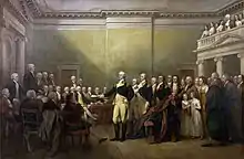 Painting by John Trumbull, depicting General Washington, standing in Maryland State House hall, surrounded by statesmen and others, resigning his commission