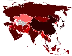 Number of confirmed cases of A(H1N1) virus in Asia:.mw-parser-output .legend{page-break-inside:avoid;break-inside:avoid-column}.mw-parser-output .legend-color{display:inline-block;min-width:1.25em;height:1.25em;line-height:1.25;margin:1px 0;text-align:center;border:1px solid black;background-color:transparent;color:black}.mw-parser-output .legend-text{}  50 000+ cases.mw-parser-output .legend{page-break-inside:avoid;break-inside:avoid-column}.mw-parser-output .legend-color{display:inline-block;min-width:1.25em;height:1.25em;line-height:1.25;margin:1px 0;text-align:center;border:1px solid black;background-color:transparent;color:black}.mw-parser-output .legend-text{}  5 000+ cases.mw-parser-output .legend{page-break-inside:avoid;break-inside:avoid-column}.mw-parser-output .legend-color{display:inline-block;min-width:1.25em;height:1.25em;line-height:1.25;margin:1px 0;text-align:center;border:1px solid black;background-color:transparent;color:black}.mw-parser-output .legend-text{}  500+ cases.mw-parser-output .legend{page-break-inside:avoid;break-inside:avoid-column}.mw-parser-output .legend-color{display:inline-block;min-width:1.25em;height:1.25em;line-height:1.25;margin:1px 0;text-align:center;border:1px solid black;background-color:transparent;color:black}.mw-parser-output .legend-text{}  50+ cases.mw-parser-output .legend{page-break-inside:avoid;break-inside:avoid-column}.mw-parser-output .legend-color{display:inline-block;min-width:1.25em;height:1.25em;line-height:1.25;margin:1px 0;text-align:center;border:1px solid black;background-color:transparent;color:black}.mw-parser-output .legend-text{}  5+ cases.mw-parser-output .legend{page-break-inside:avoid;break-inside:avoid-column}.mw-parser-output .legend-color{display:inline-block;min-width:1.25em;height:1.25em;line-height:1.25;margin:1px 0;text-align:center;border:1px solid black;background-color:transparent;color:black}.mw-parser-output .legend-text{}  1+ cases
