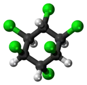 Ball-and-stick model of the lindane molecule (chair conformation)