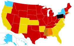 Abortion legal on request: AK, HI, NY, WA; allowed for danger to woman's health, rape or incest, or likely damaged fetus: AR, CA, CO, DE, FL, GA, KS, MD, NC, NM, OR, SC, VA; allowed for danger to woman's health: AL, MA; allowed for rape but not life: MS; allowed for danger to the woman's life: AZ, CT, IA, ID, IL, IN, KY, LA, ME, MI, MN, MO, MT, ND, NE, NH, NJ, NV, OH, OK, RI, SD, TN, TX, UT, VT, WI, WV, WY; complete ban: PA.
