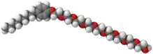 Ball-and-stick model of a nonoxynol-9 molecule.