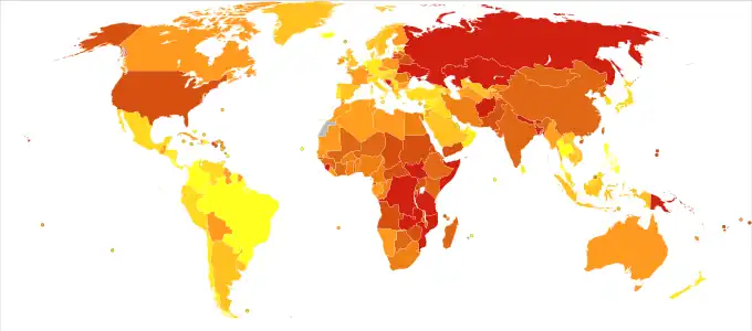 Deaths from poisonings per million persons in 2012 .mw-parser-output .refbegin{font-size:90%;margin-bottom:0.5em}.mw-parser-output .refbegin-hanging-indents>ul{margin-left:0}.mw-parser-output .refbegin-hanging-indents>ul>li{margin-left:0;padding-left:3.2em;text-indent:-3.2em}.mw-parser-output .refbegin-hanging-indents ul,.mw-parser-output .refbegin-hanging-indents ul li{list-style:none}@media(max-width:720px){.mw-parser-output .refbegin-hanging-indents>ul>li{padding-left:1.6em;text-indent:-1.6em}}.mw-parser-output .refbegin-columns{margin-top:0.3em}.mw-parser-output .refbegin-columns ul{margin-top:0}.mw-parser-output .refbegin-columns li{page-break-inside:avoid;break-inside:avoid-column}.mw-parser-output .legend{page-break-inside:avoid;break-inside:avoid-column}.mw-parser-output .legend-color{display:inline-block;min-width:1.25em;height:1.25em;line-height:1.25;margin:1px 0;text-align:center;border:1px solid black;background-color:transparent;color:black}.mw-parser-output .legend-text{}  0-2.mw-parser-output .legend{page-break-inside:avoid;break-inside:avoid-column}.mw-parser-output .legend-color{display:inline-block;min-width:1.25em;height:1.25em;line-height:1.25;margin:1px 0;text-align:center;border:1px solid black;background-color:transparent;color:black}.mw-parser-output .legend-text{}  3-5.mw-parser-output .legend{page-break-inside:avoid;break-inside:avoid-column}.mw-parser-output .legend-color{display:inline-block;min-width:1.25em;height:1.25em;line-height:1.25;margin:1px 0;text-align:center;border:1px solid black;background-color:transparent;color:black}.mw-parser-output .legend-text{}  6-7.mw-parser-output .legend{page-break-inside:avoid;break-inside:avoid-column}.mw-parser-output .legend-color{display:inline-block;min-width:1.25em;height:1.25em;line-height:1.25;margin:1px 0;text-align:center;border:1px solid black;background-color:transparent;color:black}.mw-parser-output .legend-text{}  8-10.mw-parser-output .legend{page-break-inside:avoid;break-inside:avoid-column}.mw-parser-output .legend-color{display:inline-block;min-width:1.25em;height:1.25em;line-height:1.25;margin:1px 0;text-align:center;border:1px solid black;background-color:transparent;color:black}.mw-parser-output .legend-text{}  11-12.mw-parser-output .legend{page-break-inside:avoid;break-inside:avoid-column}.mw-parser-output .legend-color{display:inline-block;min-width:1.25em;height:1.25em;line-height:1.25;margin:1px 0;text-align:center;border:1px solid black;background-color:transparent;color:black}.mw-parser-output .legend-text{}  13-19.mw-parser-output .legend{page-break-inside:avoid;break-inside:avoid-column}.mw-parser-output .legend-color{display:inline-block;min-width:1.25em;height:1.25em;line-height:1.25;margin:1px 0;text-align:center;border:1px solid black;background-color:transparent;color:black}.mw-parser-output .legend-text{}  20-27.mw-parser-output .legend{page-break-inside:avoid;break-inside:avoid-column}.mw-parser-output .legend-color{display:inline-block;min-width:1.25em;height:1.25em;line-height:1.25;margin:1px 0;text-align:center;border:1px solid black;background-color:transparent;color:black}.mw-parser-output .legend-text{}  28-41.mw-parser-output .legend{page-break-inside:avoid;break-inside:avoid-column}.mw-parser-output .legend-color{display:inline-block;min-width:1.25em;height:1.25em;line-height:1.25;margin:1px 0;text-align:center;border:1px solid black;background-color:transparent;color:black}.mw-parser-output .legend-text{}  42-55.mw-parser-output .legend{page-break-inside:avoid;break-inside:avoid-column}.mw-parser-output .legend-color{display:inline-block;min-width:1.25em;height:1.25em;line-height:1.25;margin:1px 0;text-align:center;border:1px solid black;background-color:transparent;color:black}.mw-parser-output .legend-text{}  56-336