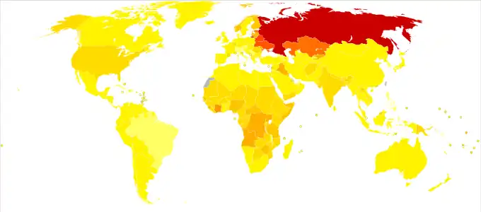 Disability-adjusted life year for poisonings per 100,000 inhabitants in 2004..mw-parser-output .refbegin{font-size:90%;margin-bottom:0.5em}.mw-parser-output .refbegin-hanging-indents>ul{margin-left:0}.mw-parser-output .refbegin-hanging-indents>ul>li{margin-left:0;padding-left:3.2em;text-indent:-3.2em}.mw-parser-output .refbegin-hanging-indents ul,.mw-parser-output .refbegin-hanging-indents ul li{list-style:none}@media(max-width:720px){.mw-parser-output .refbegin-hanging-indents>ul>li{padding-left:1.6em;text-indent:-1.6em}}.mw-parser-output .refbegin-columns{margin-top:0.3em}.mw-parser-output .refbegin-columns ul{margin-top:0}.mw-parser-output .refbegin-columns li{page-break-inside:avoid;break-inside:avoid-column}