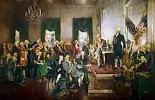 Painting by Howard Chandler Christy, depicting the signing of the Constitution of the United States, with Washington as the presiding officer standing at right