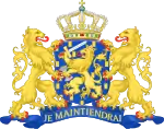 Azure, billetty Or a lion with a coronet Or armed and langued Gules holding in his dexter paw a sword Argent hilted Or and in the sinister paw seven arrows Argent pointed and bound together Or. [The seven arrows stand for the seven provinces of the Union of Utrecht.] The shield is crowned with the (Dutch) royal crown and supported by two lions Or armed and langued gules. They stand on a scroll Azure with the text (Or) "Je Maintiendrai" (French for "I will maintain".)