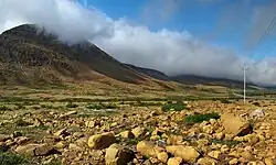 Rocky land in front of a mountain